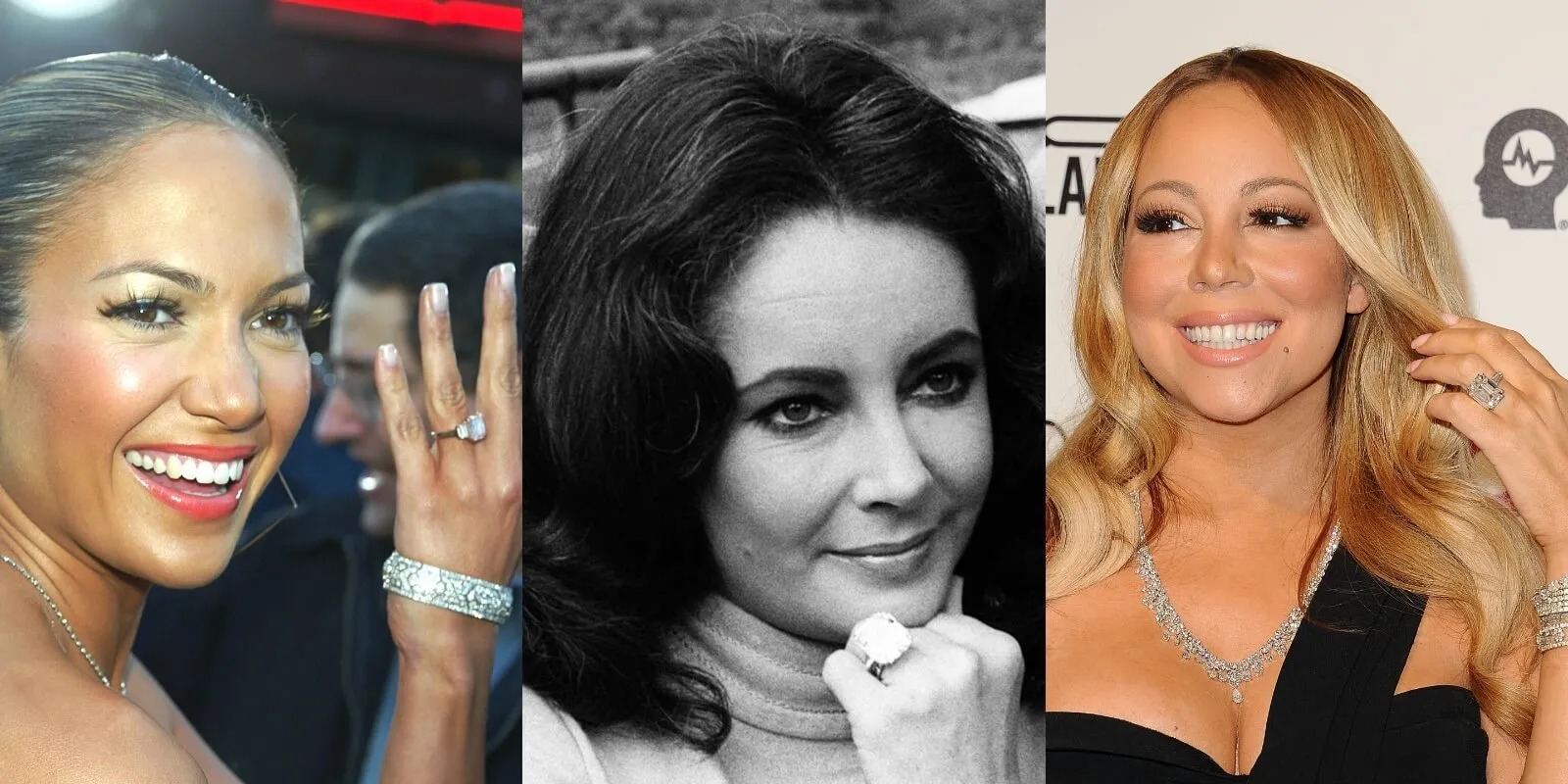 Jennifer Lopez, Elizabeth Taylor and Mariah Carey show off their engagement rings.