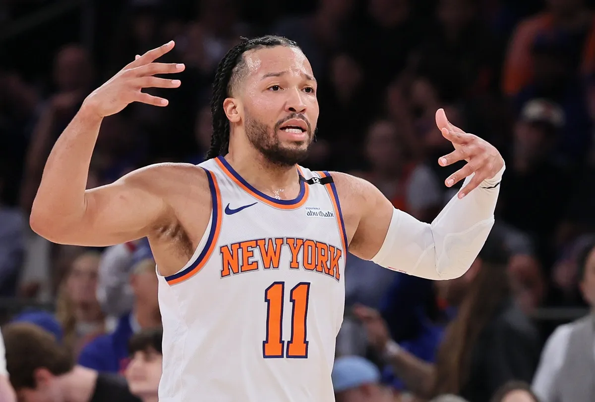 Jalen Brunson (11) reacts in the 1st quarter as the New York Knicks play the Indiana Pacers in Game 2 of the Eastern Conference Finals at Madison Square Garden on May 23, 2025.