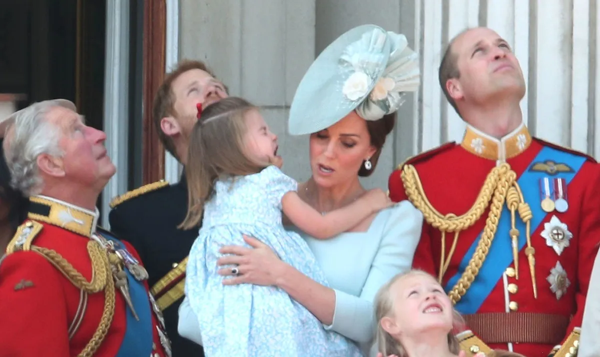 Members of the royal family including Kate Middleton and Princess Charlotte on the balcony of Buckingham Palace during Trooping The Colour 2018