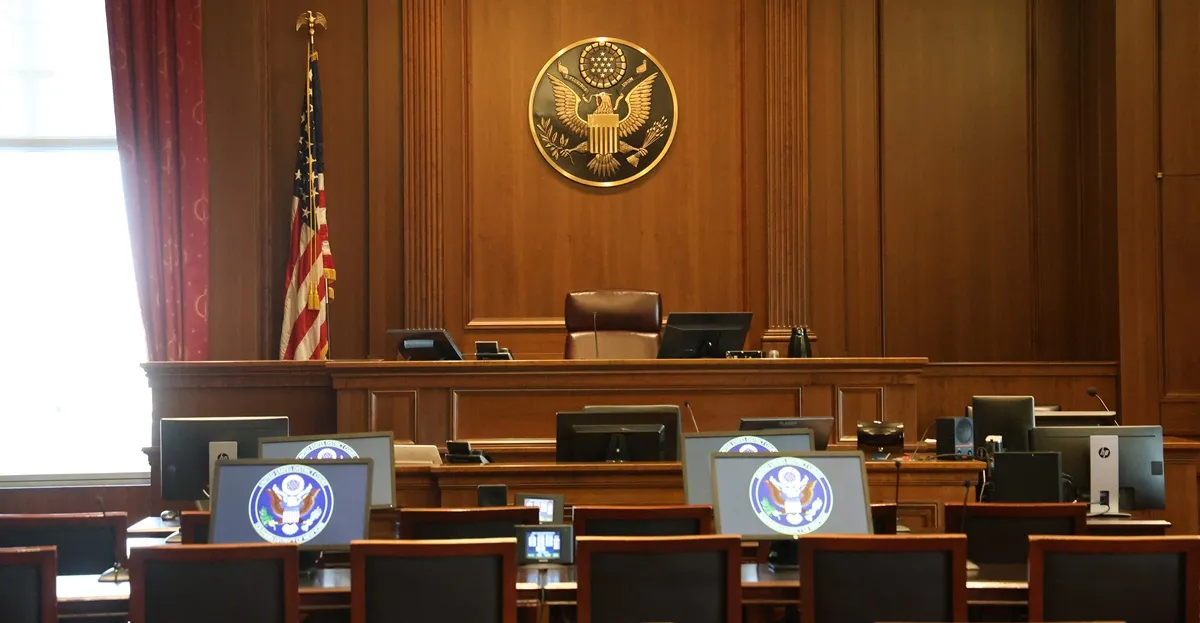 View of the judge's bench from the audience inside a federal courtroom similar to the room where the Sean Combs sex trafficking trial is being held in Federal District Court in Manhattan on June 6, 2025 in New York City